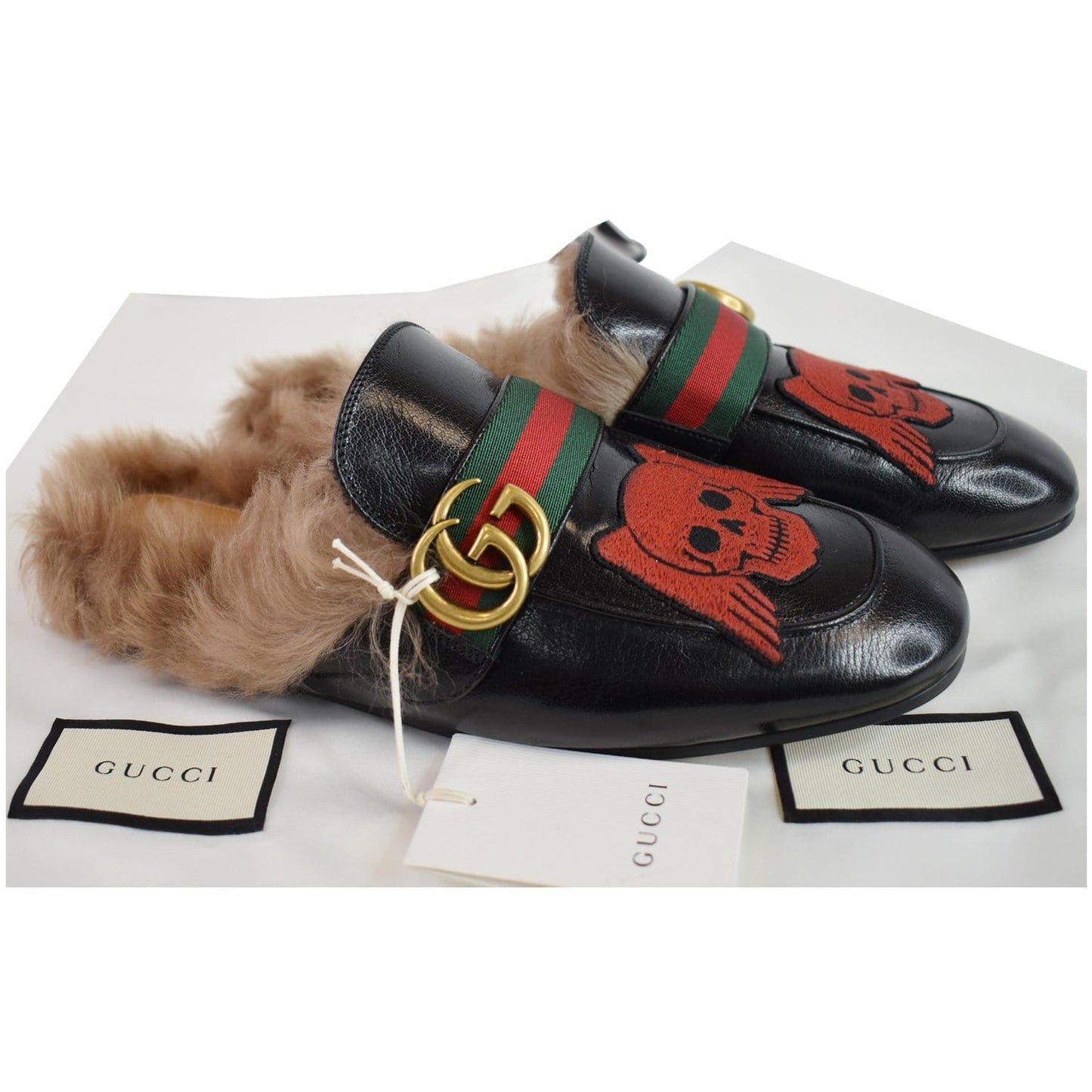 GUCCI Princetown Skull Angel Fur Leather Slipper Black US 7
