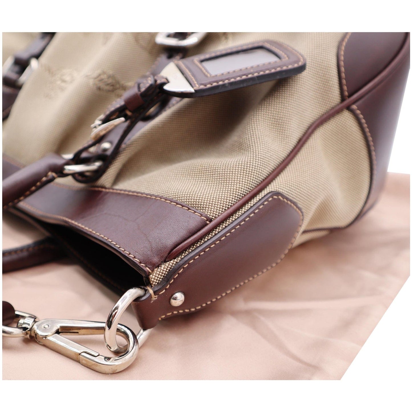 PRADA Jacquard Logo Canvas Leather Tote Shoulder Bag Beige