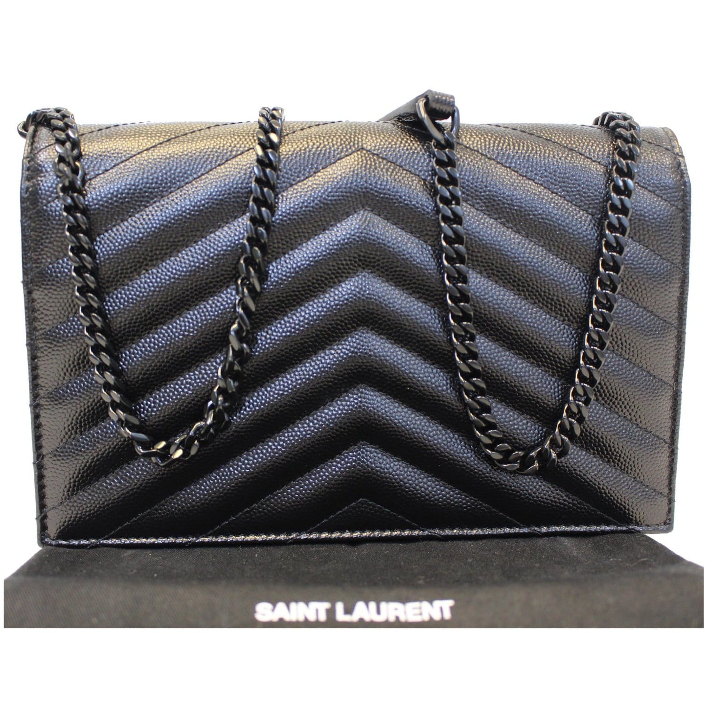 YVES SAINT LAURENT Matelasse Chevron Grain De Poudre Envelope Chain Wallet Black