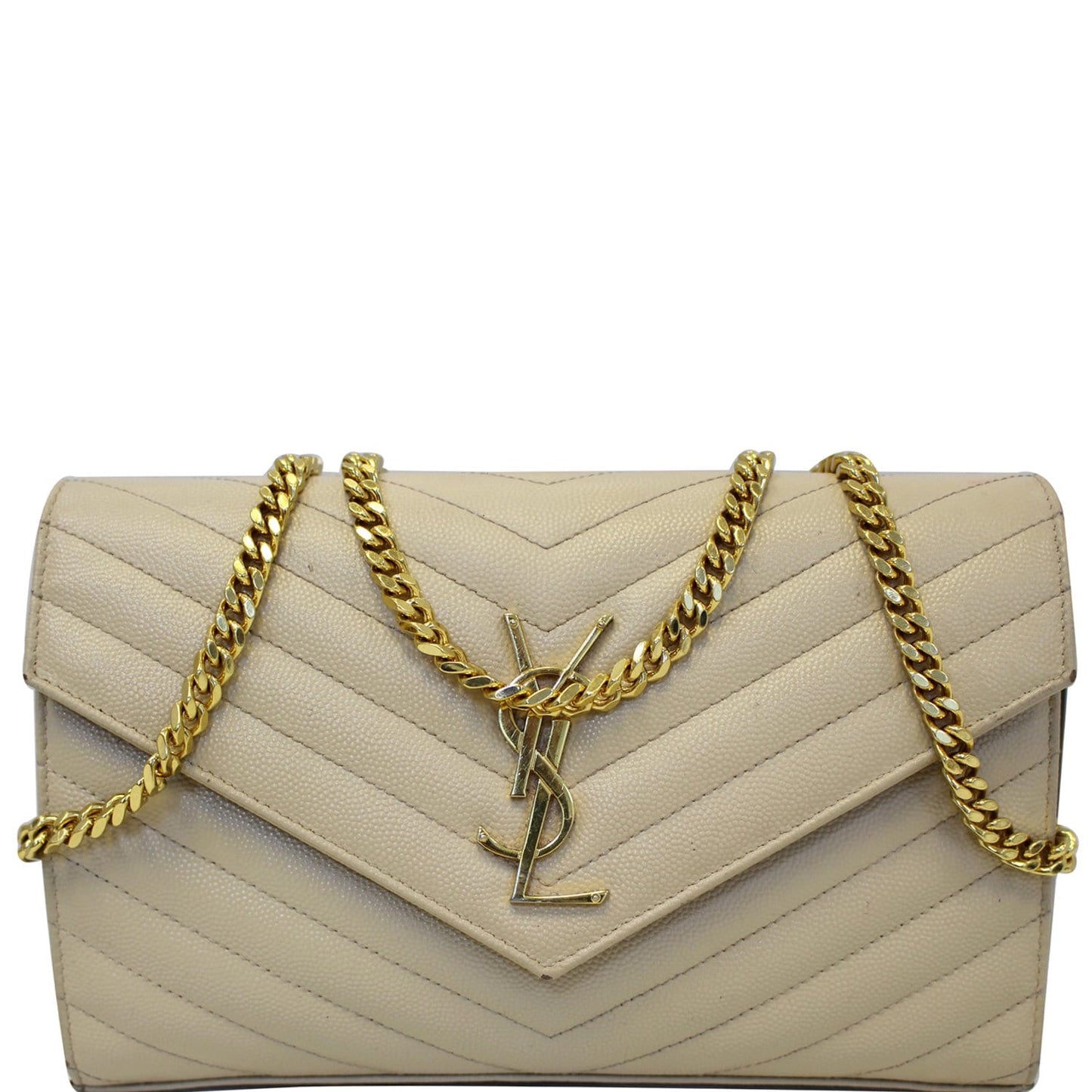 YVES SAINT LAURENT Matelasse Chevron Grain De Poudre Envelope Chain Wallet Beige