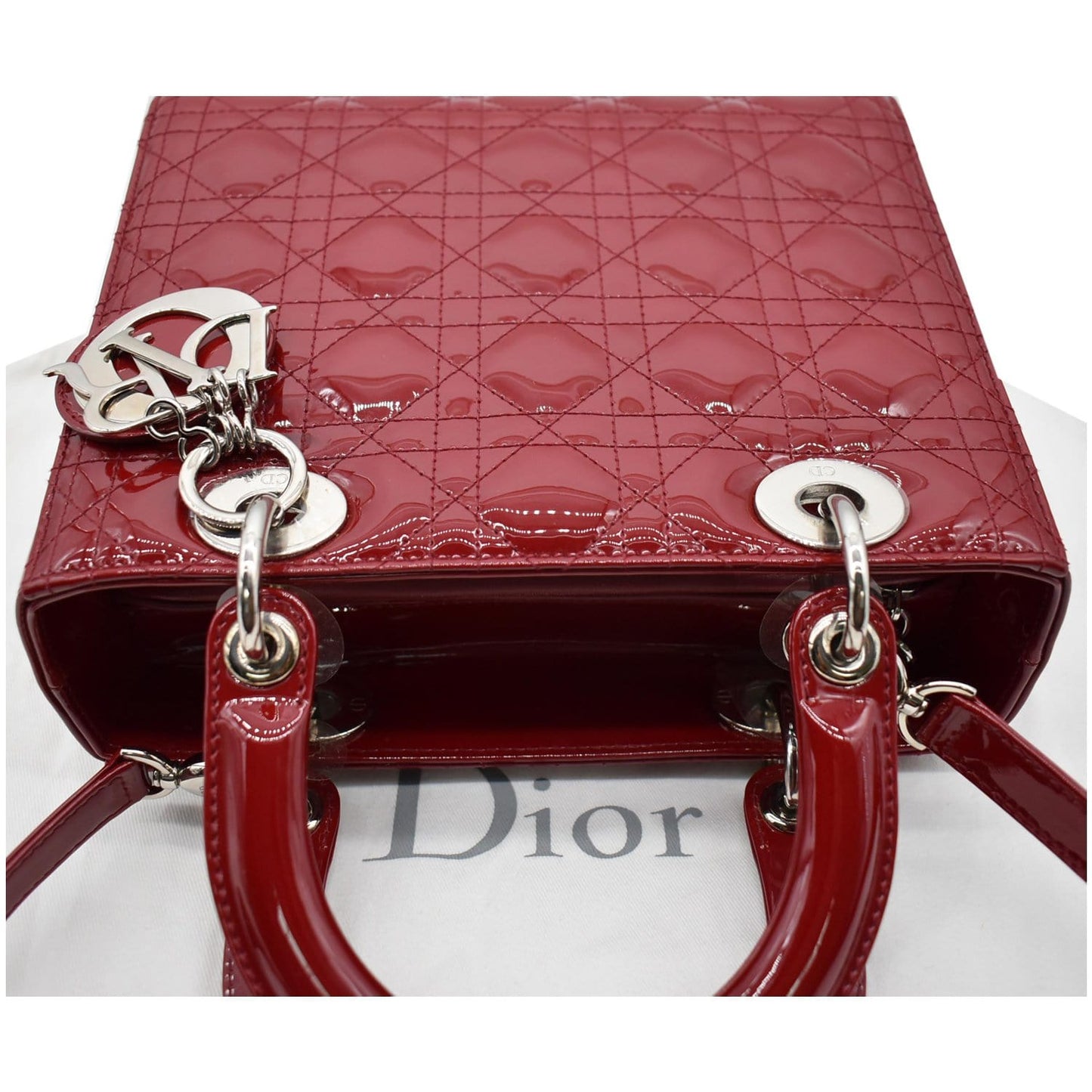 CHRISTIAN DIOR Medium Lady Dior Cannage Patent Leather Shoulder Bag Red