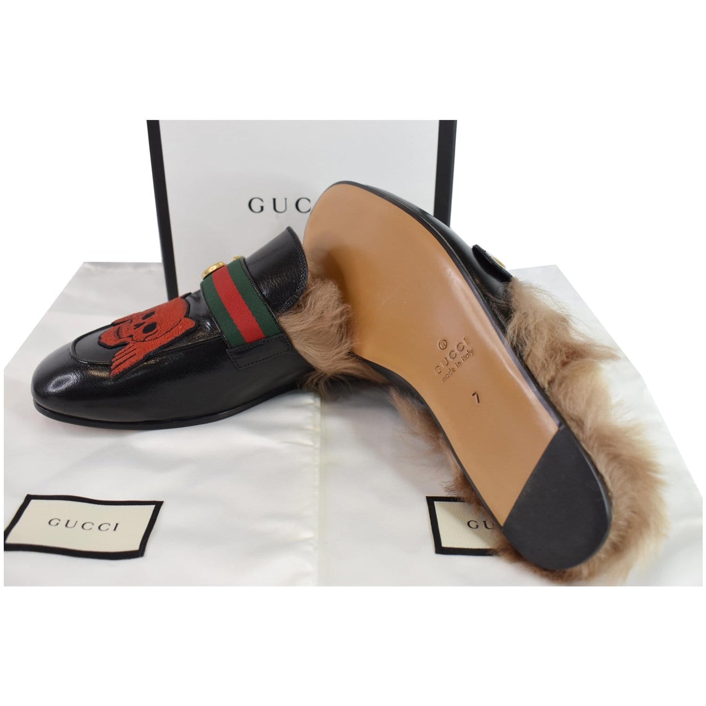 GUCCI Princetown Skull Angel Fur Leather Slipper Black US 7