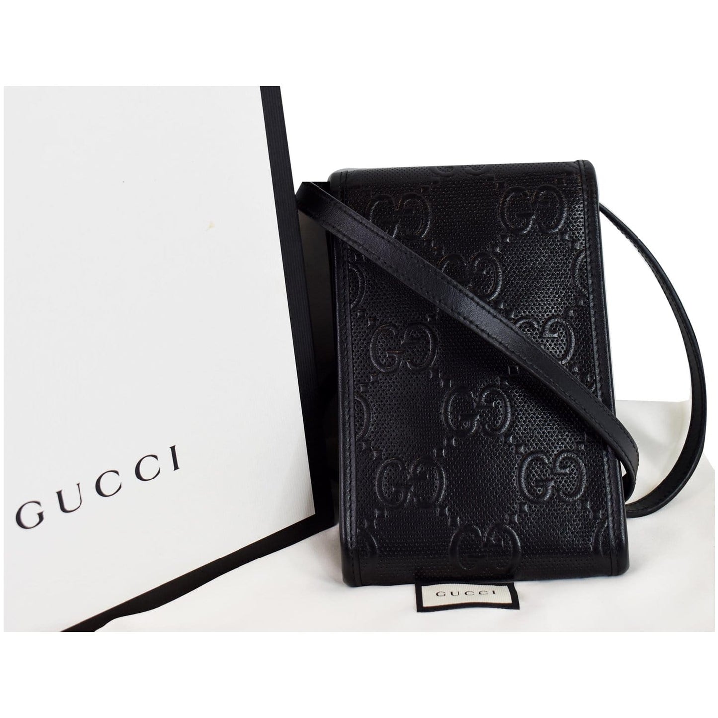GUCCI GG Embossed Leather Mini Messenger Bag Black 625571