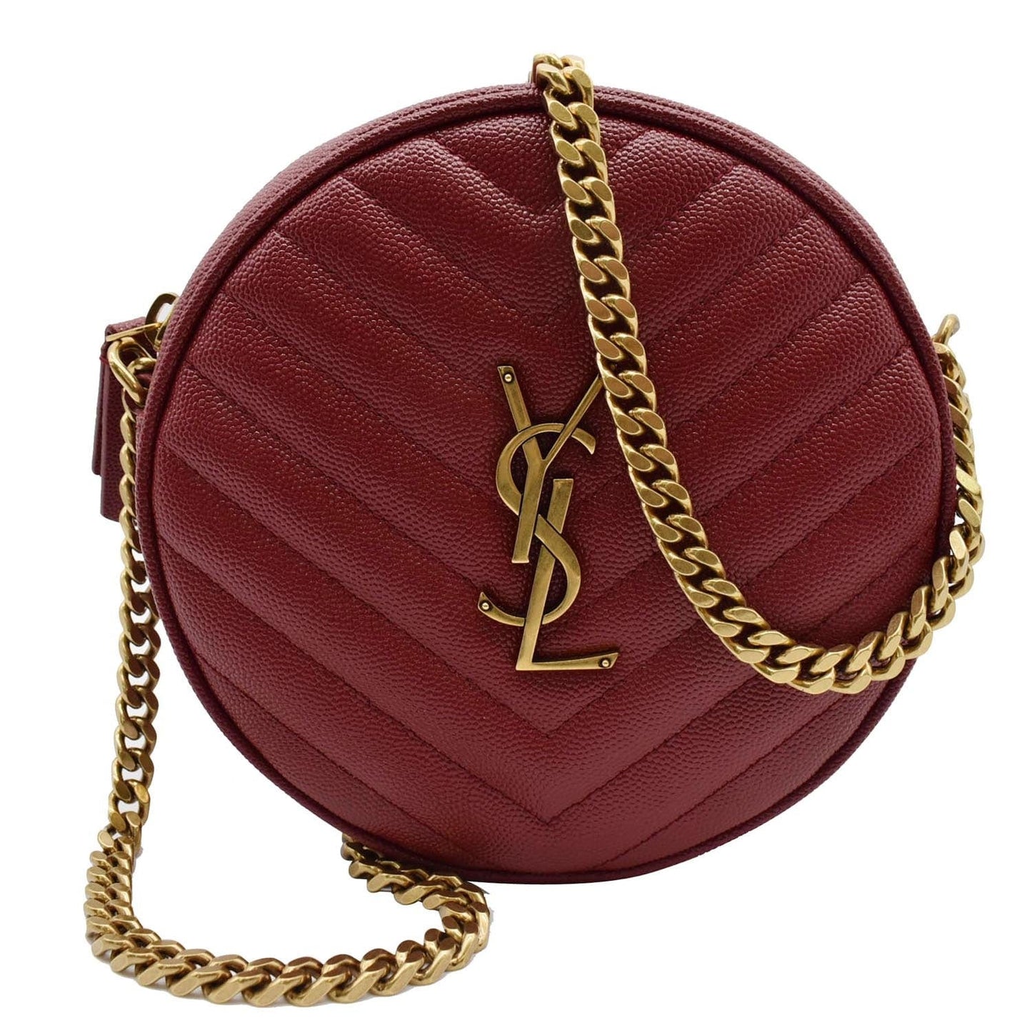 YVES SAINT LAURENT Vinyle Round Chevron Leather Camera Crossbody Bag Red