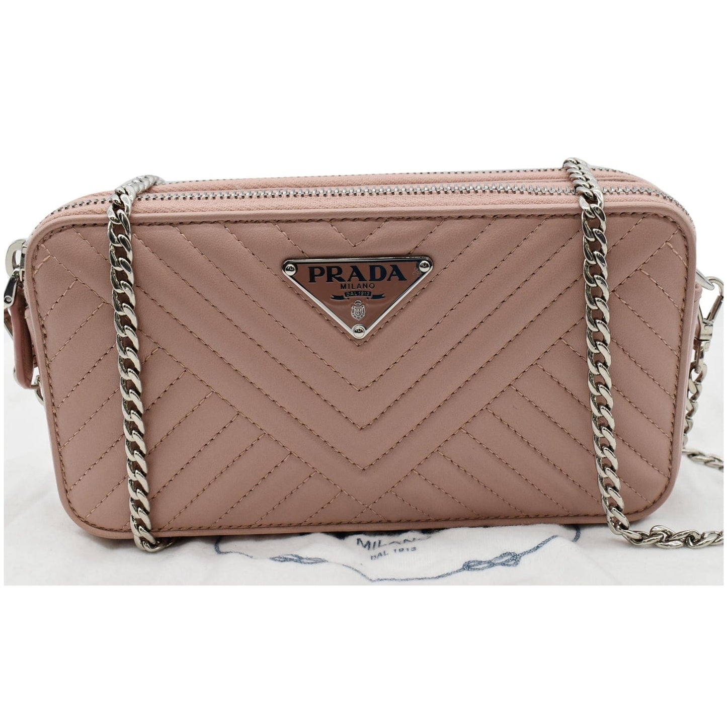 PRADA Nappa Mini Impunture Bandoliera Chain Leather Crossbody Bag Orchidea