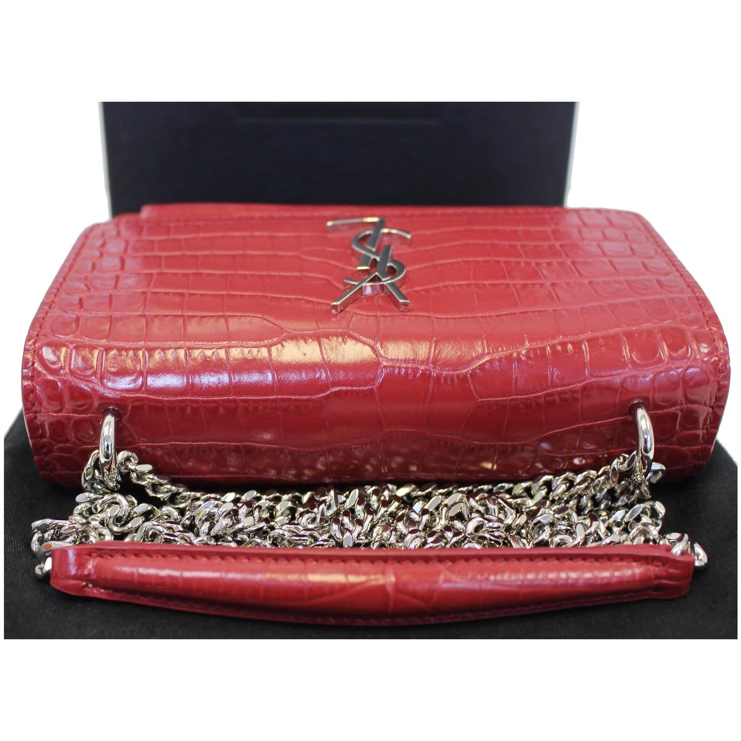 YVES SAINT LAURENT Sunset Crocodile-Embossed Wallet on a Chain Bag Red