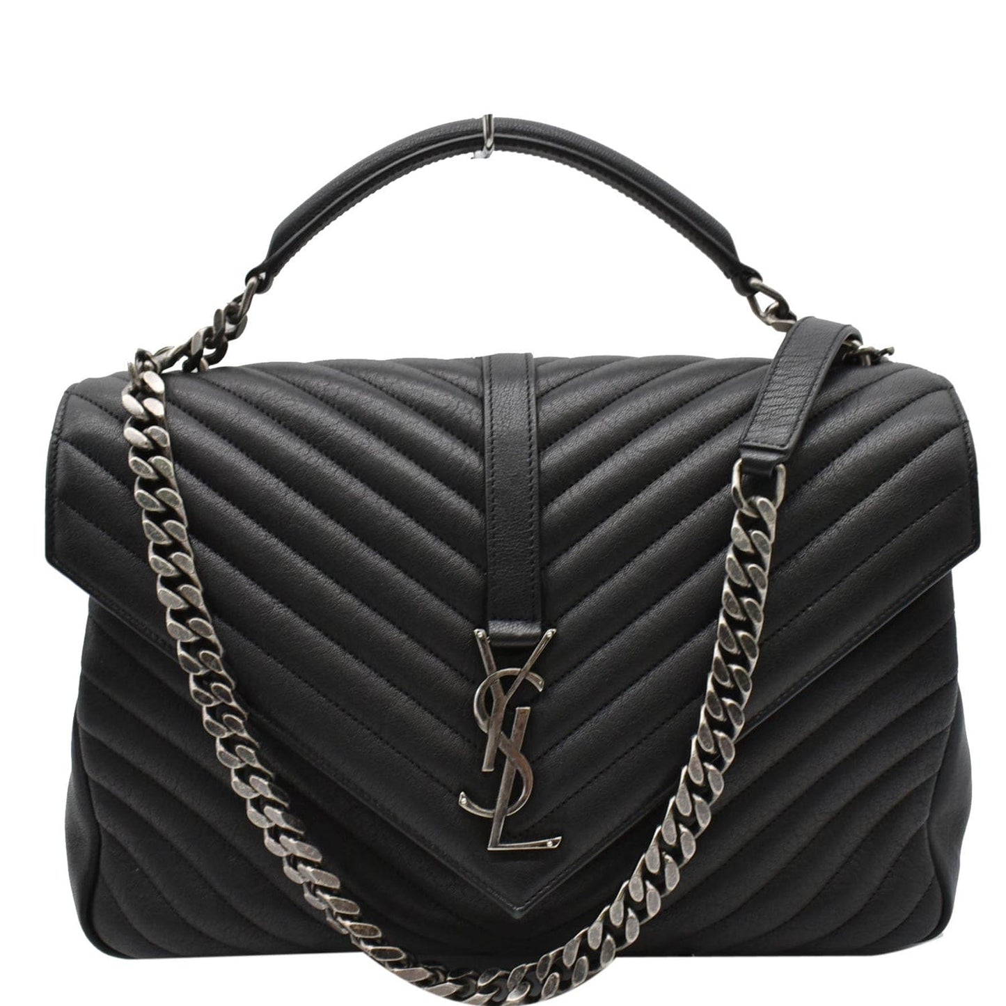 YVES SAINT LAURENT College Medium Flap Matelassé Leather Shoulder Bag Black