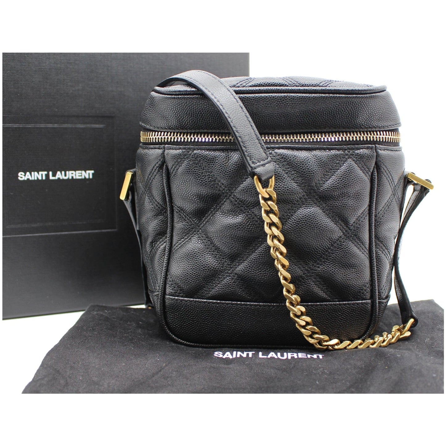 YVES SAINT LAURENT 80's Vanity Quilted Grain De Poudre Leather Shoulder Bag Black
