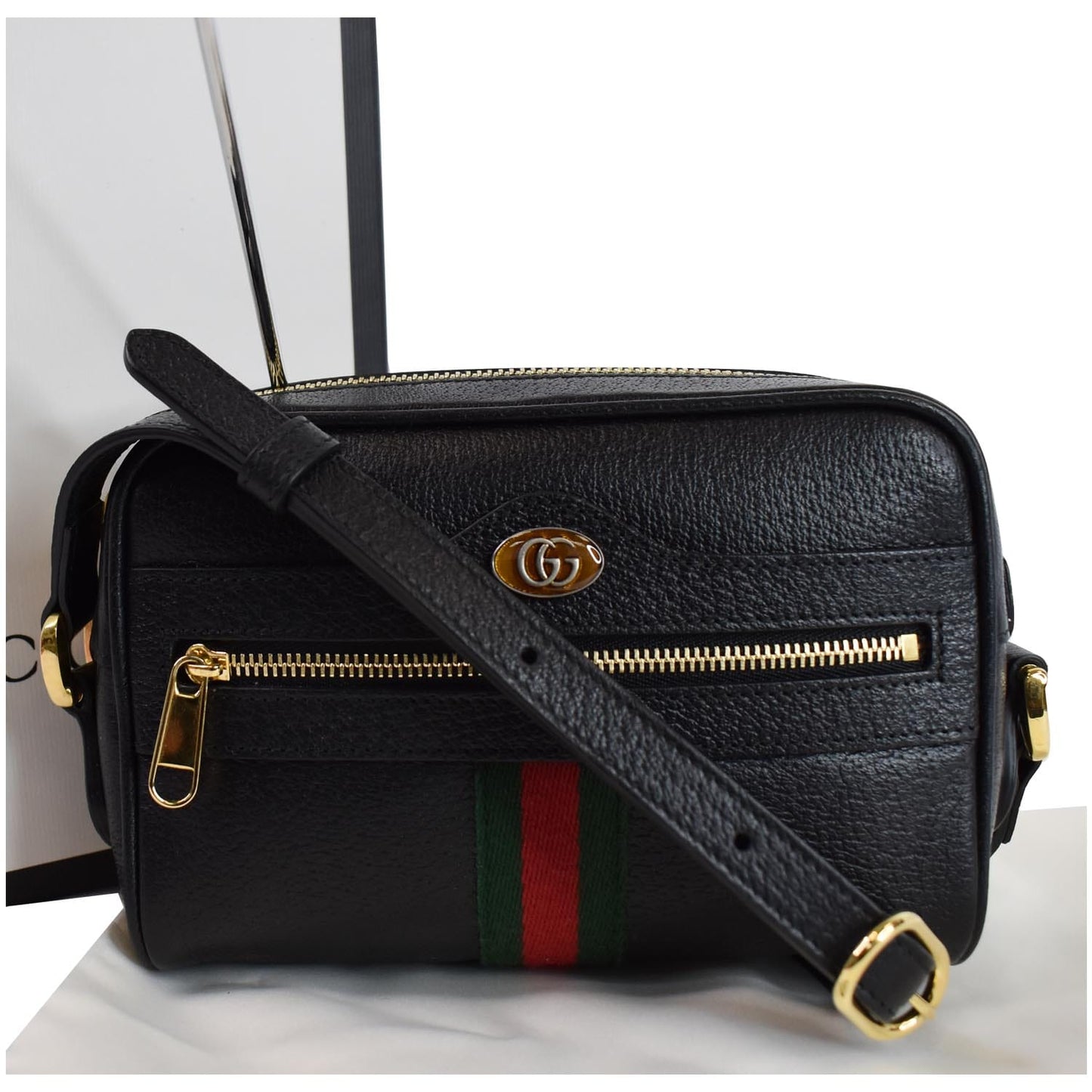 GUCCI Ophidia Mini GG Web Leather Crossbody Bag Black 517350