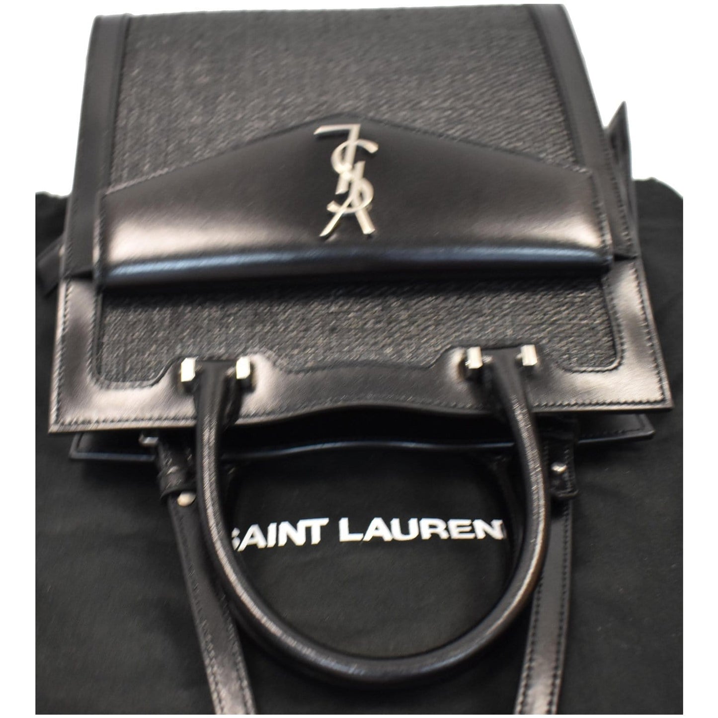 YVES SAINT LAURENT Uptown Small Canvas Leather Tote Bag Black