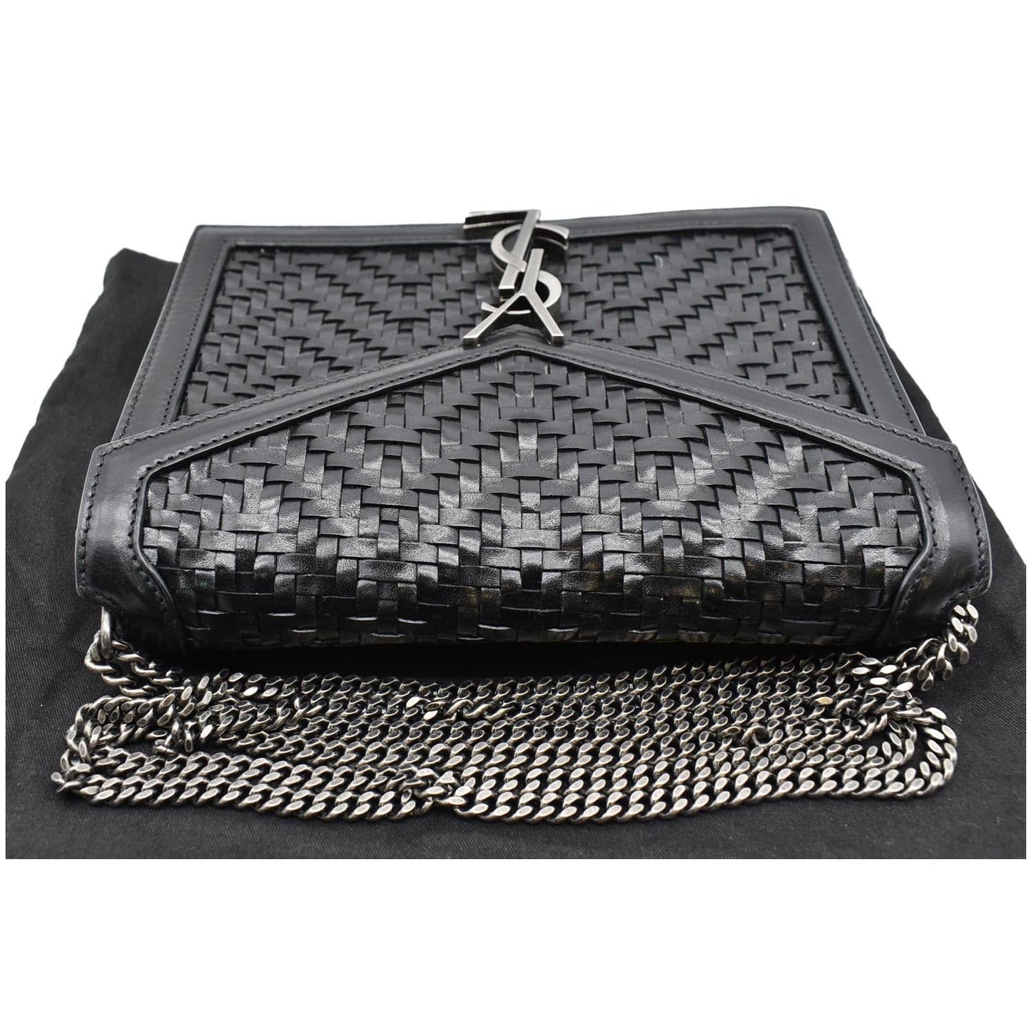 YVES SAINT LAURENT Cassandra Medium Woven Leather Chain Shoulder Bag Black