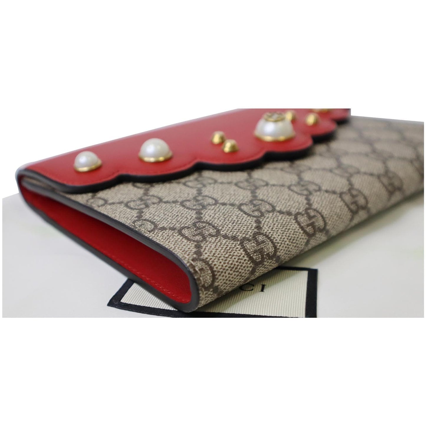 GUCCI Peony Pearly GG Coated Canvas Leather Clutch Beige 431476