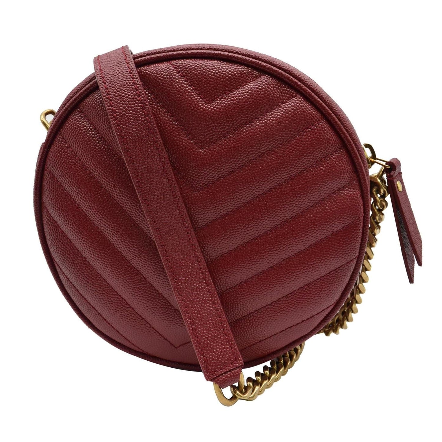 YVES SAINT LAURENT Vinyle Round Chevron Leather Camera Crossbody Bag Red