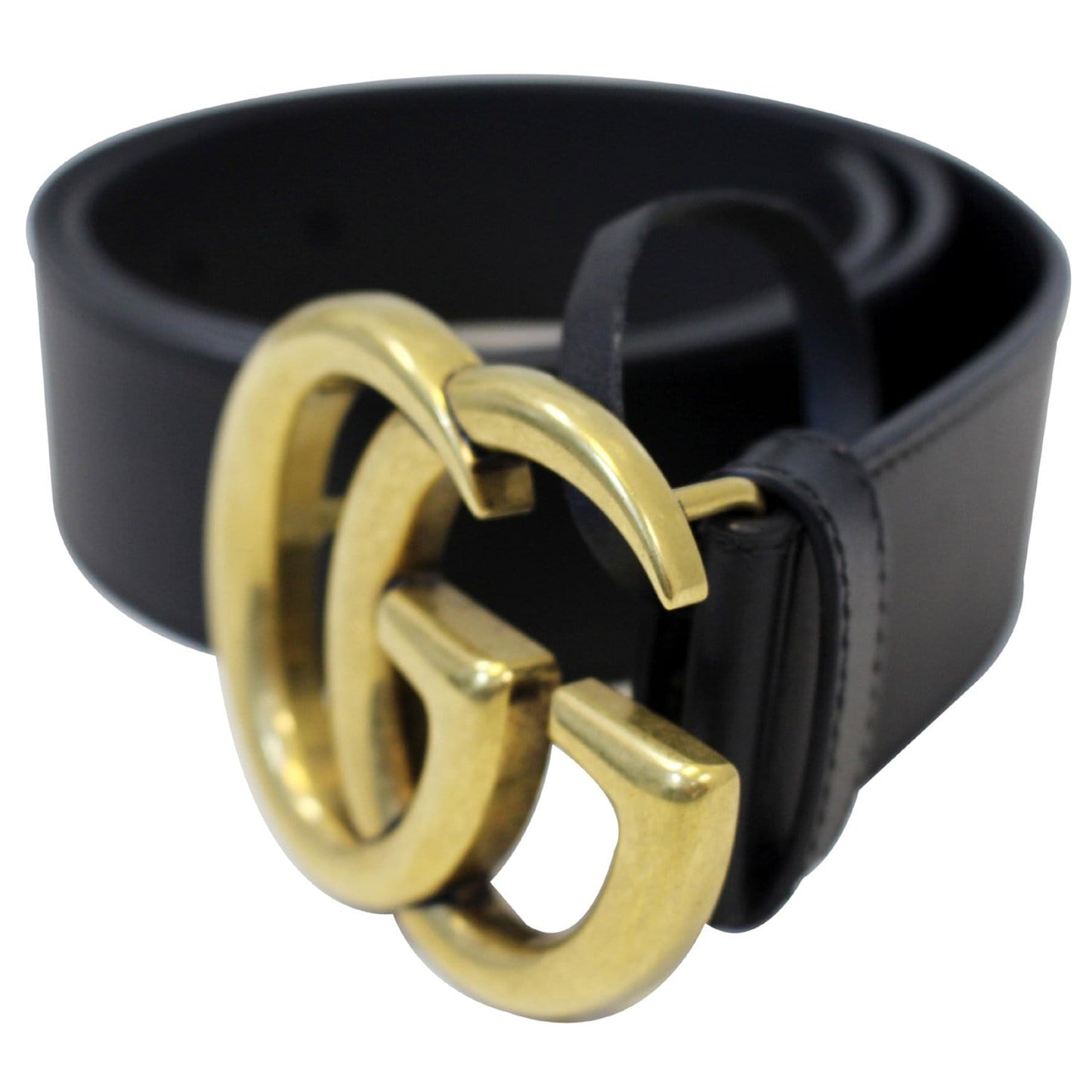 GUCCI Double G Buckle Black Leather Belt Size 35