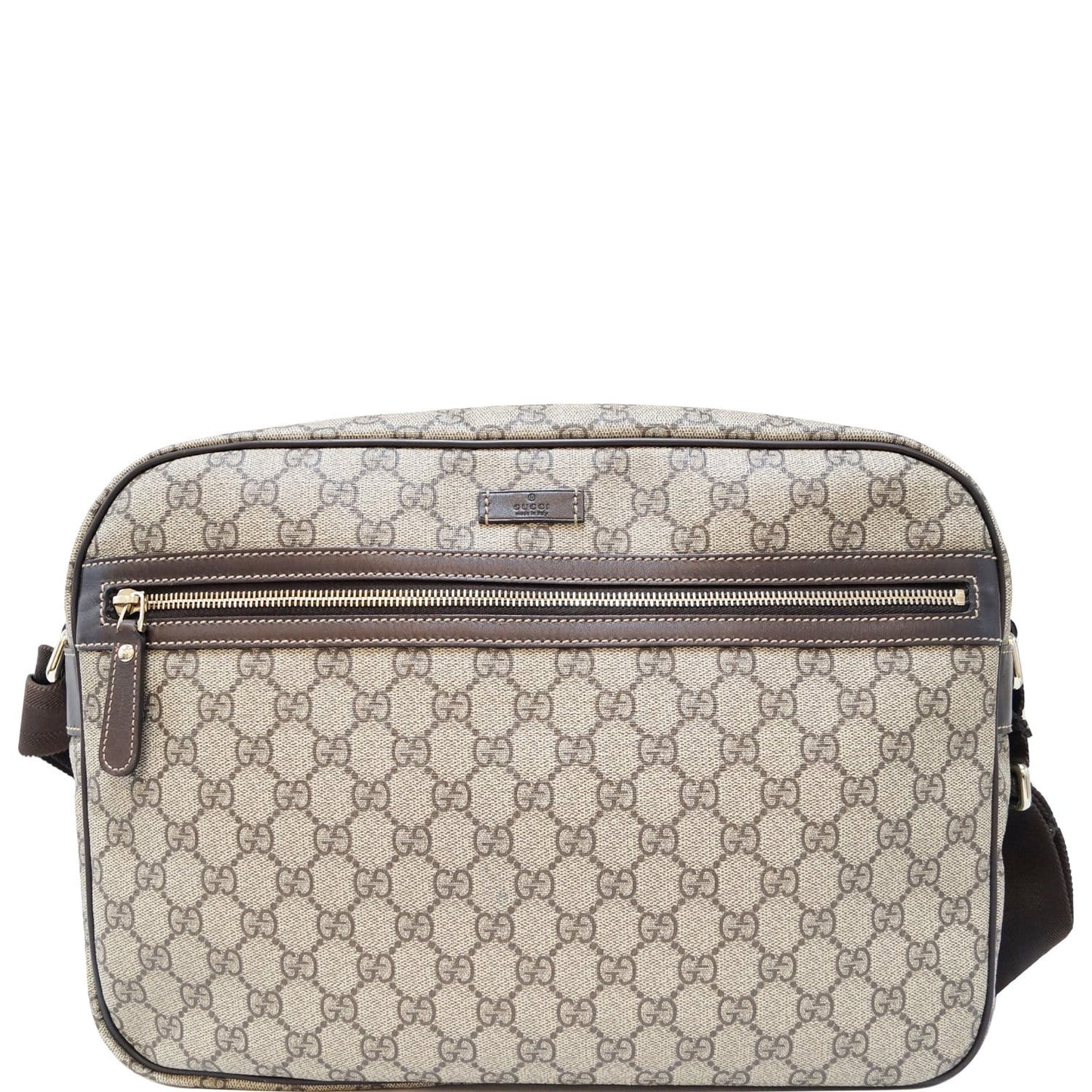 GUCCI Men's Beige/Ebony GG Plus Coated Canvas Messenger Crossbody Bag 211107