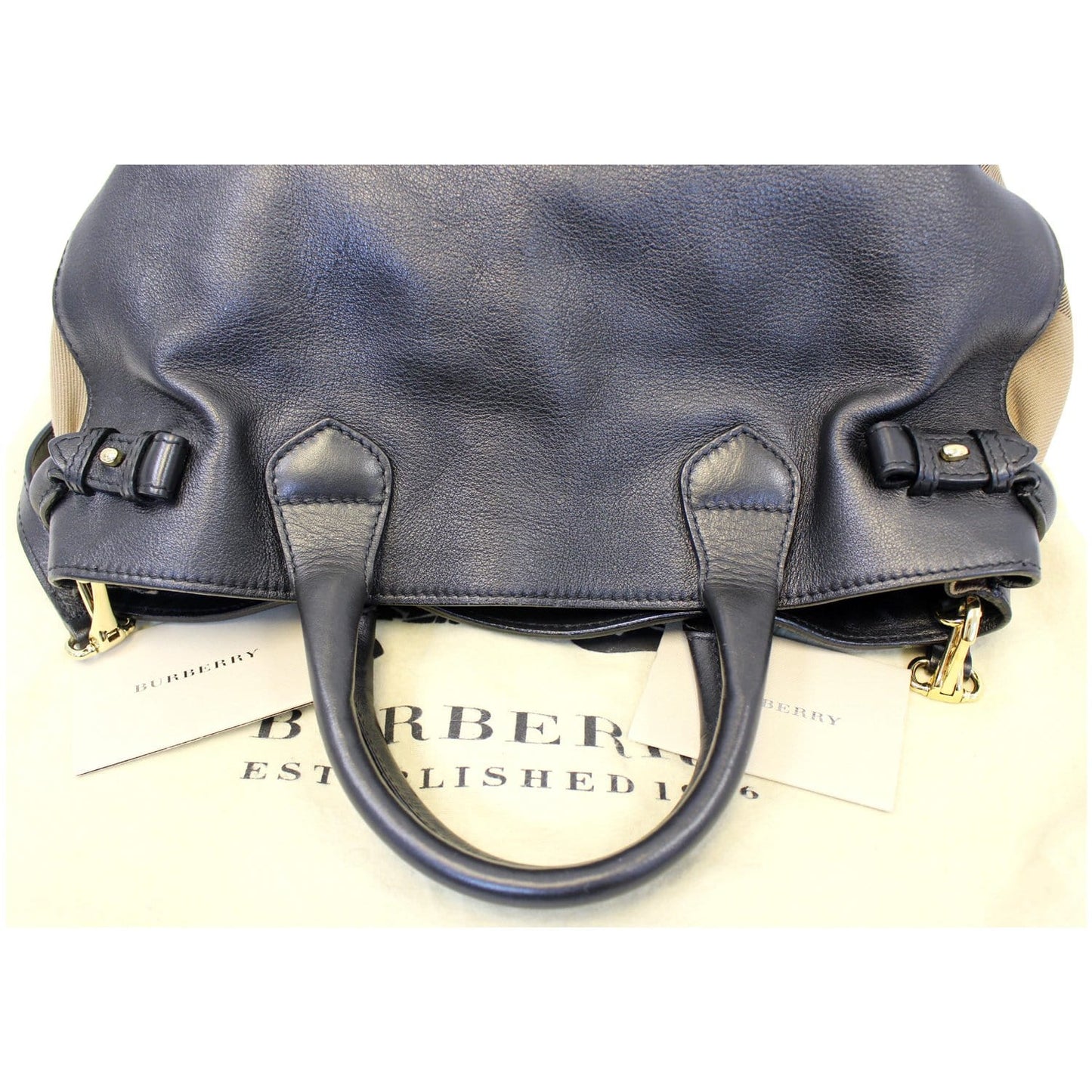 BURBERRY Black Calf Leather House Check Medium Banner Tote Bag