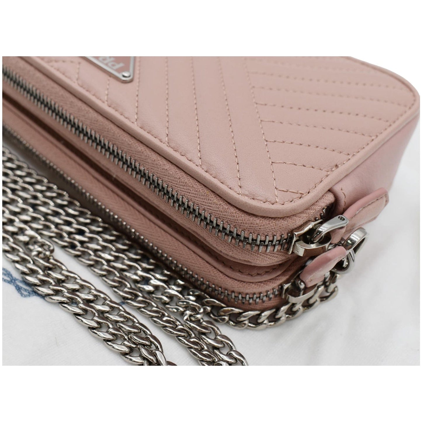 PRADA Nappa Mini Impunture Bandoliera Chain Leather Crossbody Bag Orchidea