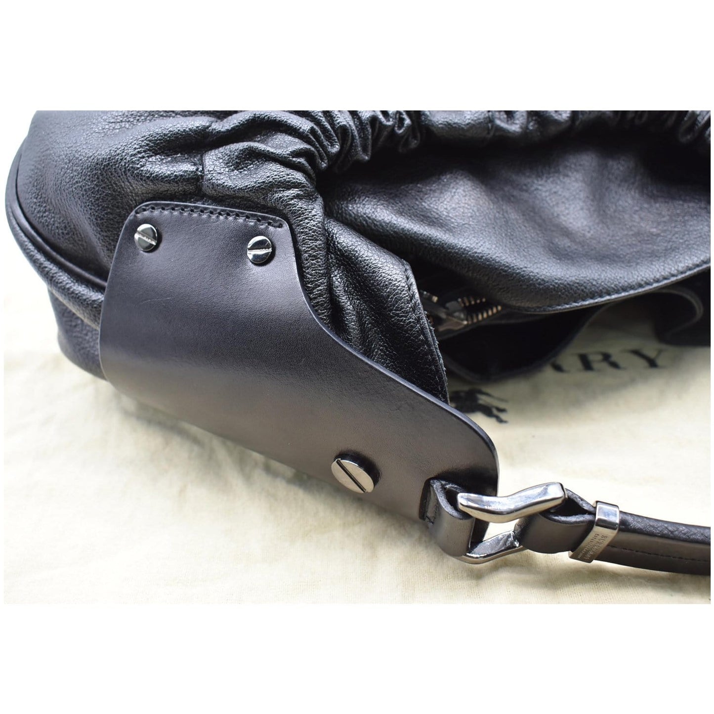 BURBERRY Warrior Drawstring Leather Hobo Bag Black
