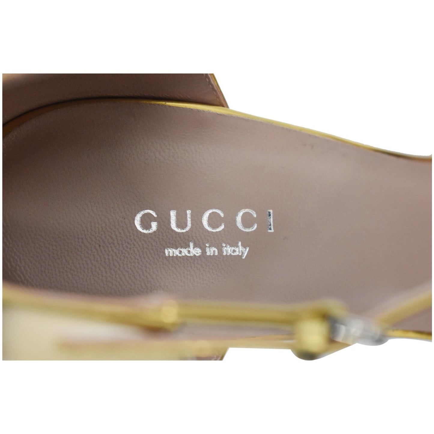 GUCCI Studded T-Strap Metallic Leather Heel Pumps Gold Size 39 1/2