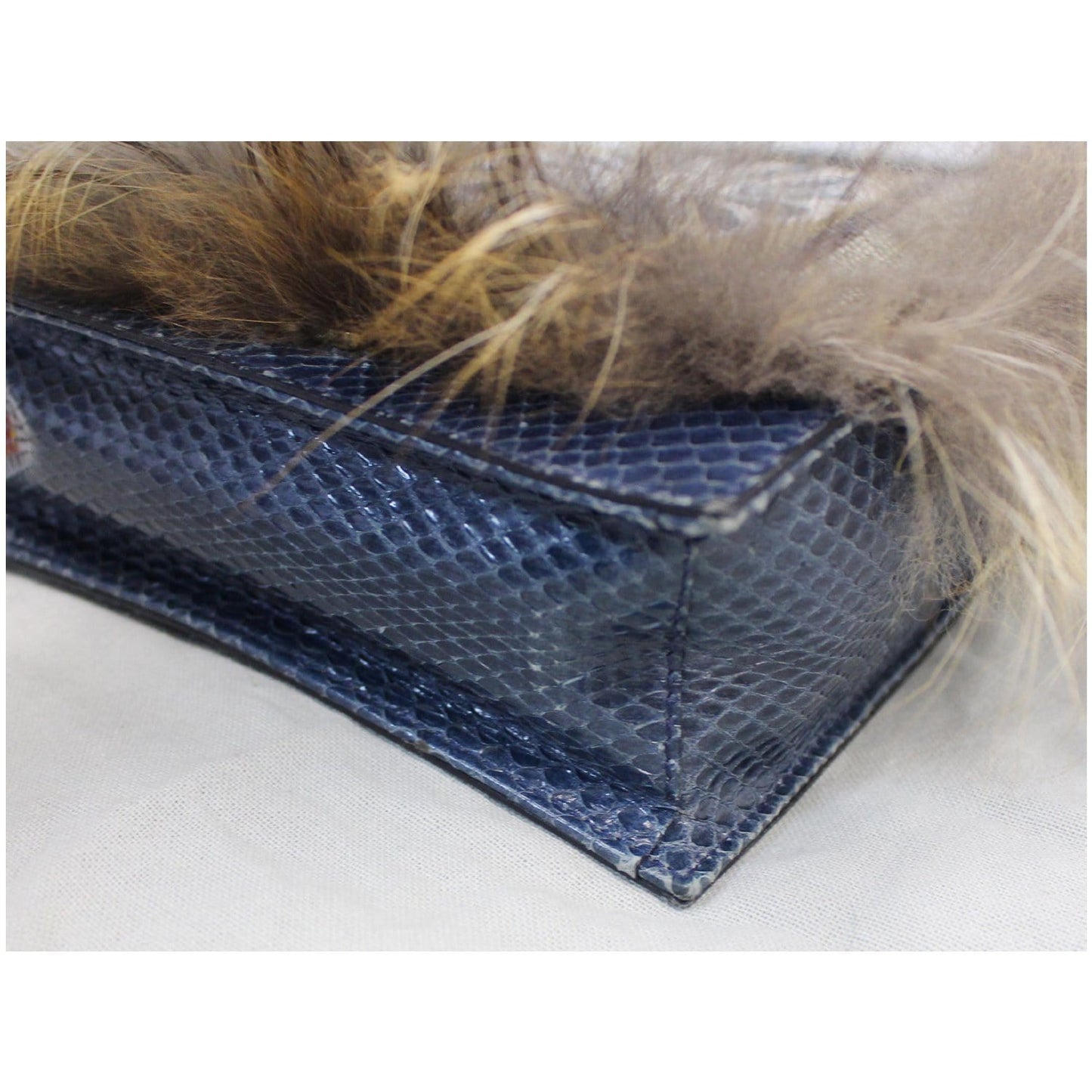 FENDI Daisy Beaded Snakeskin Fox Fur Trim Crossbody Clutch Bag Blue - Final Sale
