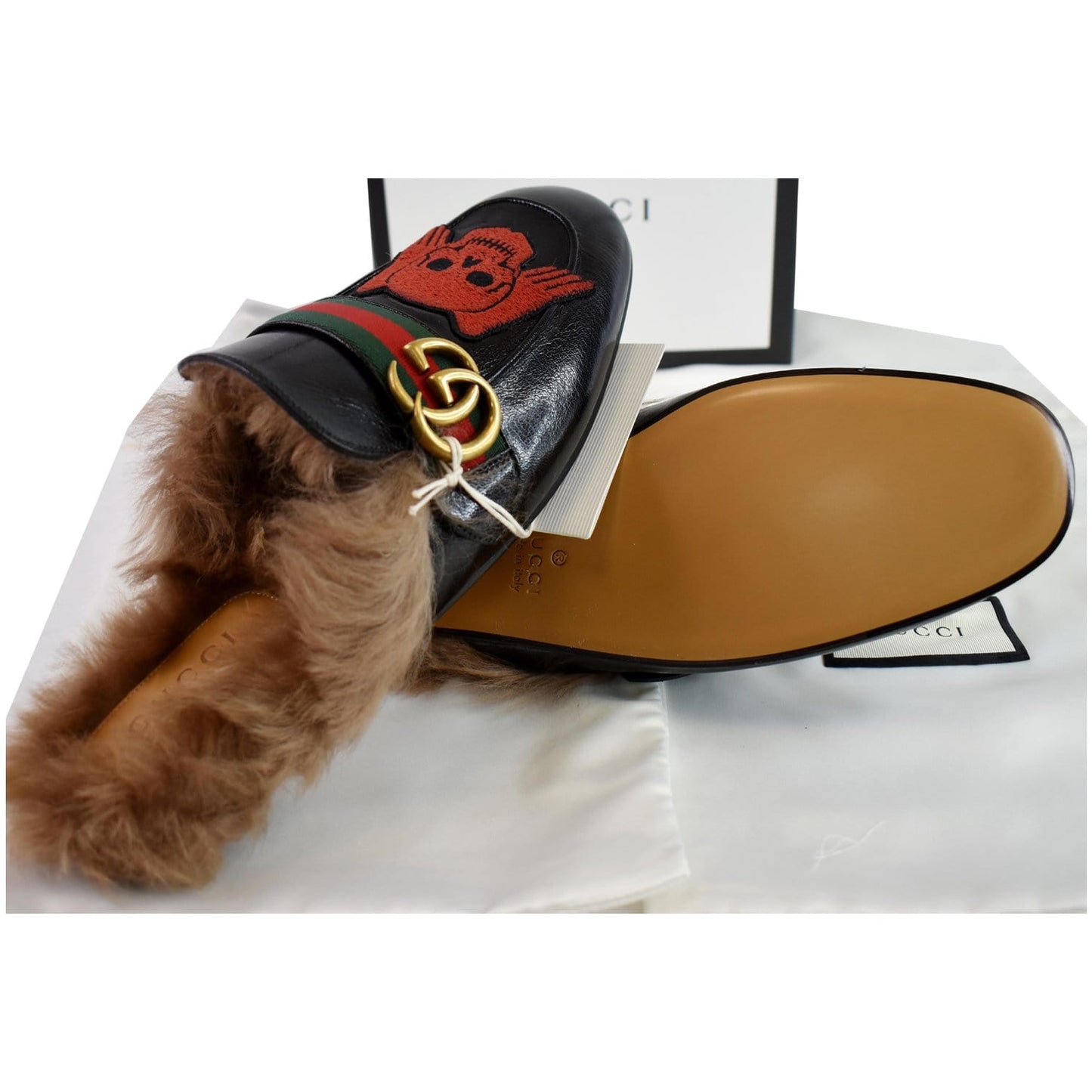 GUCCI Princetown Skull Angel Fur Leather Slipper Black US 7