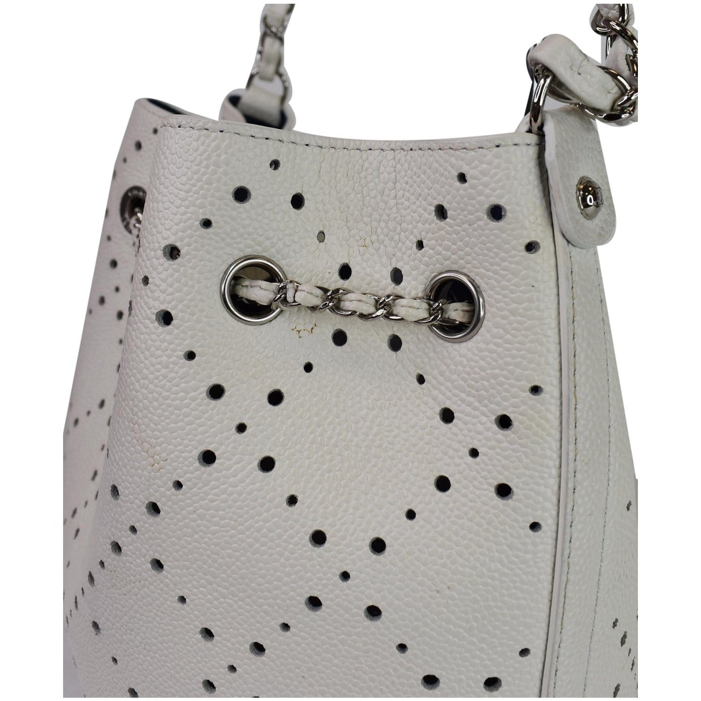 Chanel CC Drawstring Medium Perforated Caviar Bucket Bag White - 15% OFF