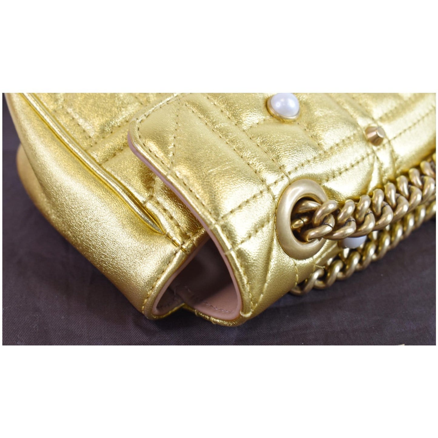 GUCCI GG Marmont Mini Pearl Studded Leather Shoulder Bag Gold 446744