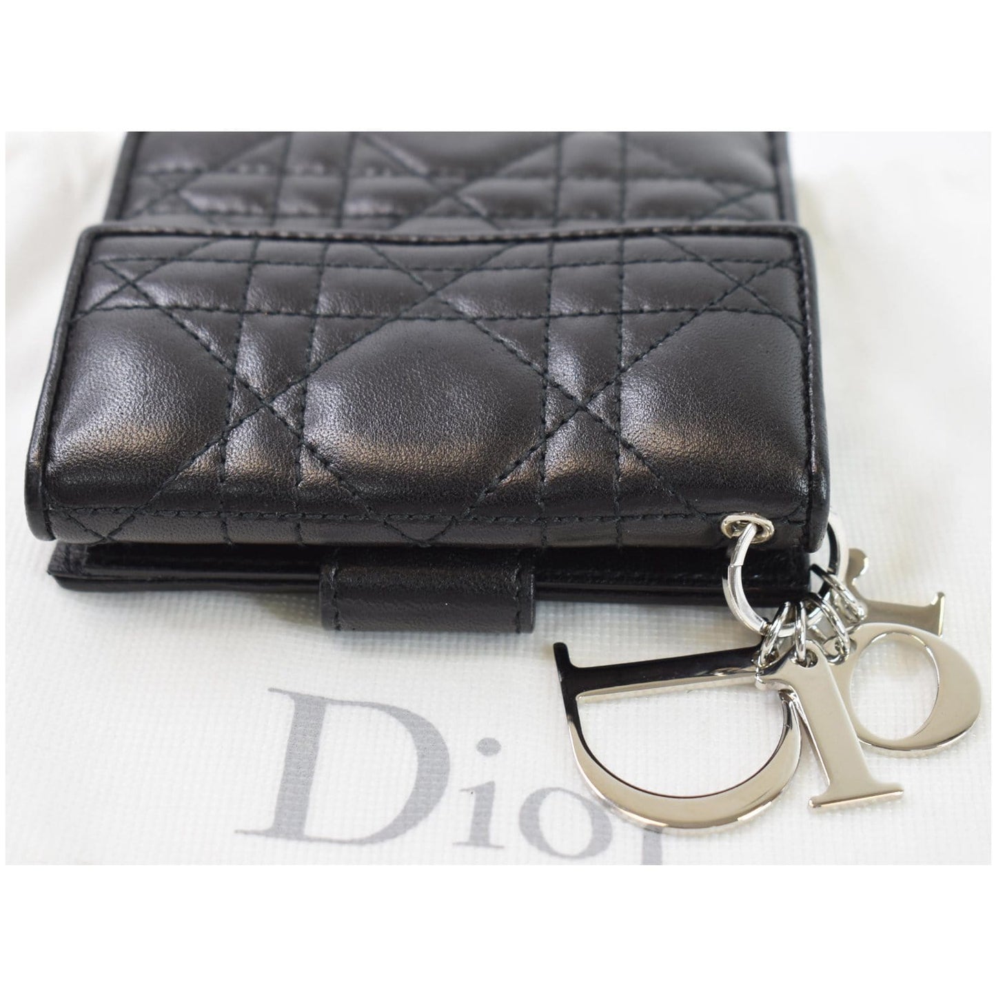 CHRISTIAN DIOR Cannage Lady Dior Charm Leather Wallet Black