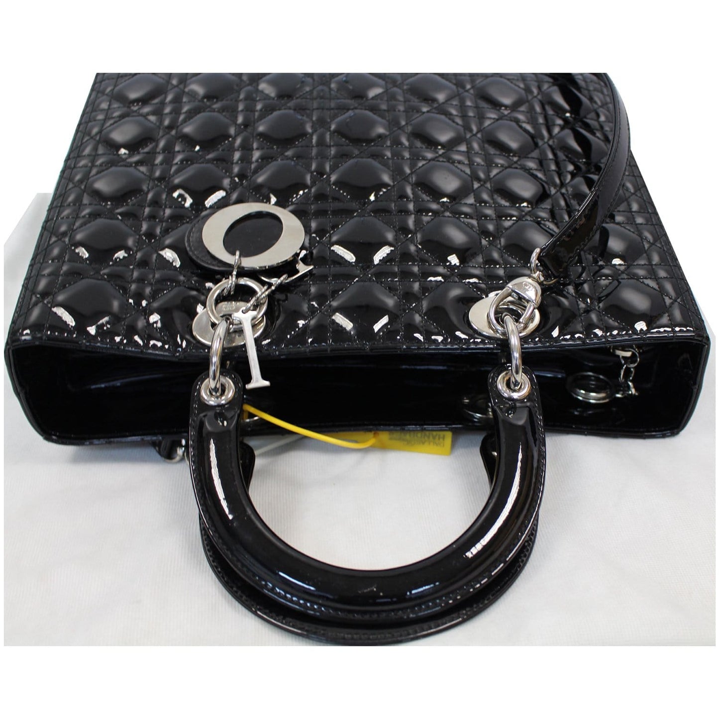 CHRISTIAN DIOR Lady Dior Large Quilted Patent Leather Shoulder Bag Black
