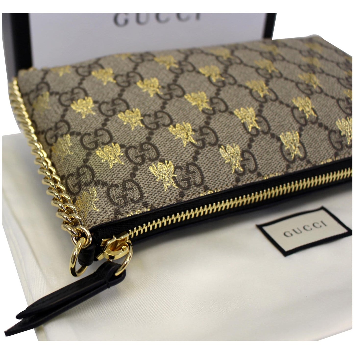 GUCCI Linea Bee GG Supreme Wristlet Handbag Beige/Gold