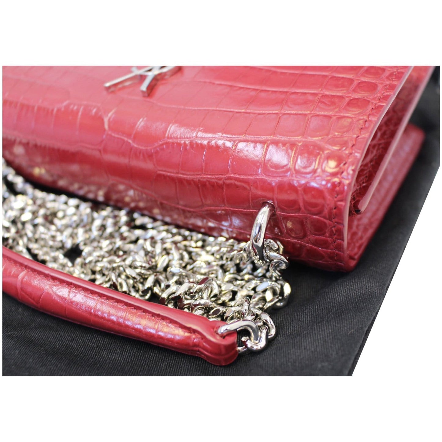 YVES SAINT LAURENT Sunset Crocodile-Embossed Wallet on a Chain Bag Red