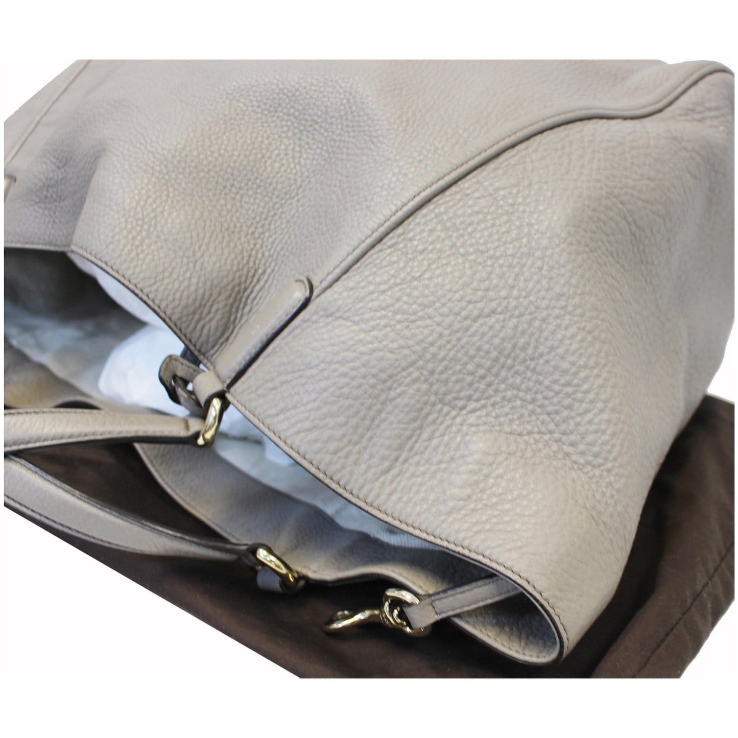 GUCCI Soho Pebbled Leather Large Tote Shoulder Bag Taupe