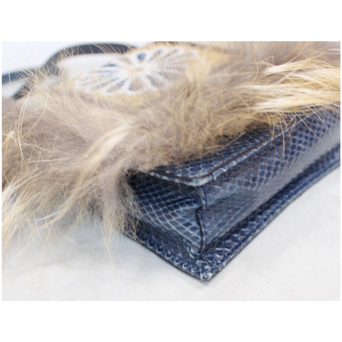 FENDI Daisy Beaded Snakeskin Fox Fur Trim Crossbody Clutch Bag Blue - Final Sale
