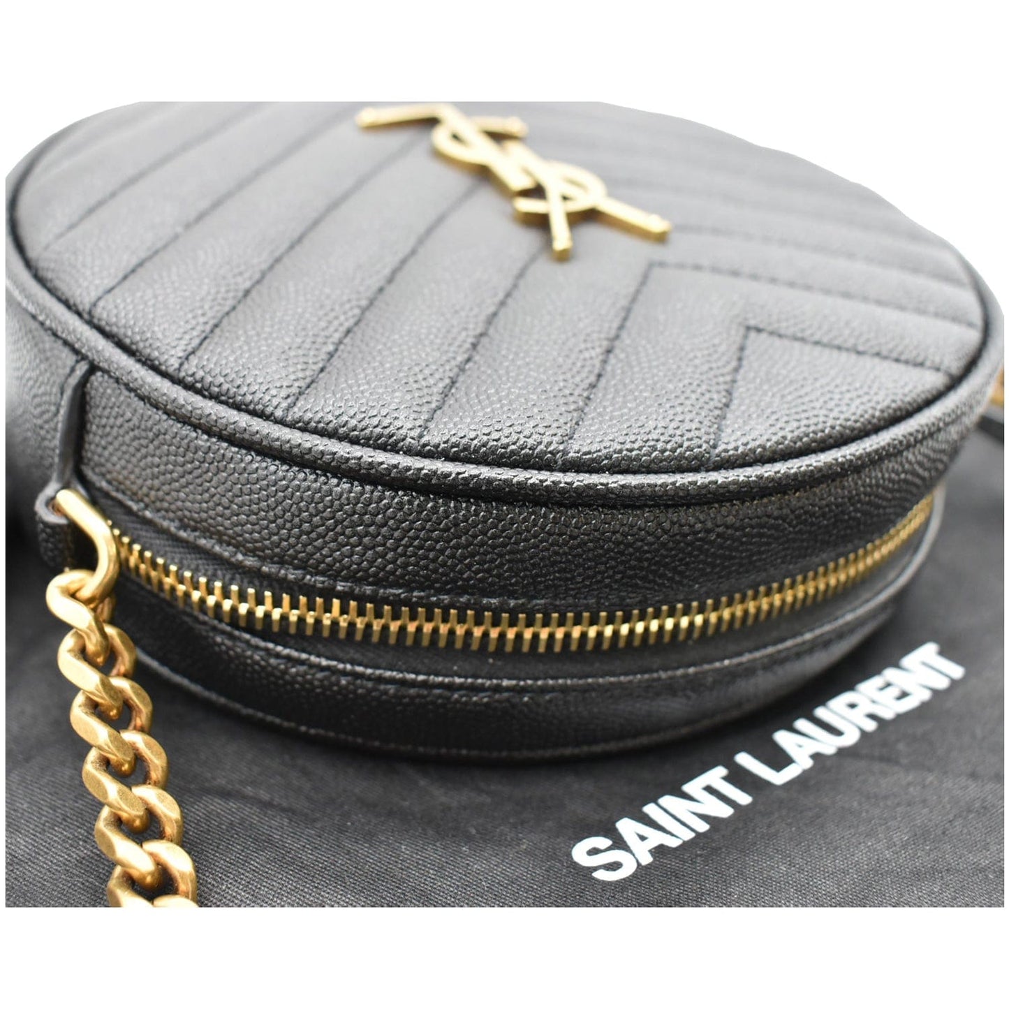 YVES SAINT LAURENT Vinyle Round Chevron Leather Camera Crossbody Bag Black