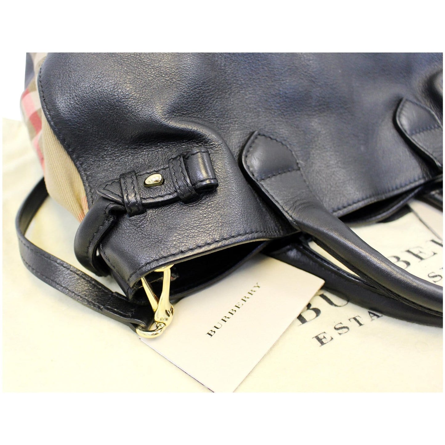 BURBERRY Black Calf Leather House Check Medium Banner Tote Bag