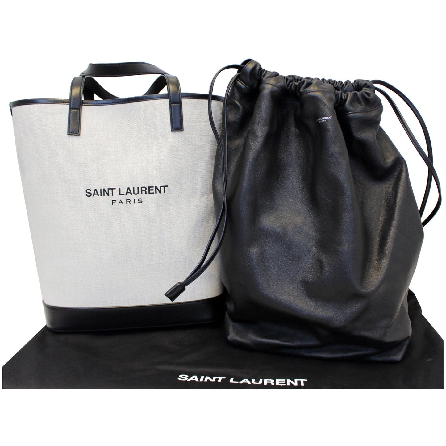 YVES SAINT LAURENT Teddy Canvas/Leather Drawstring Shopping Tote White/Black - Last Call