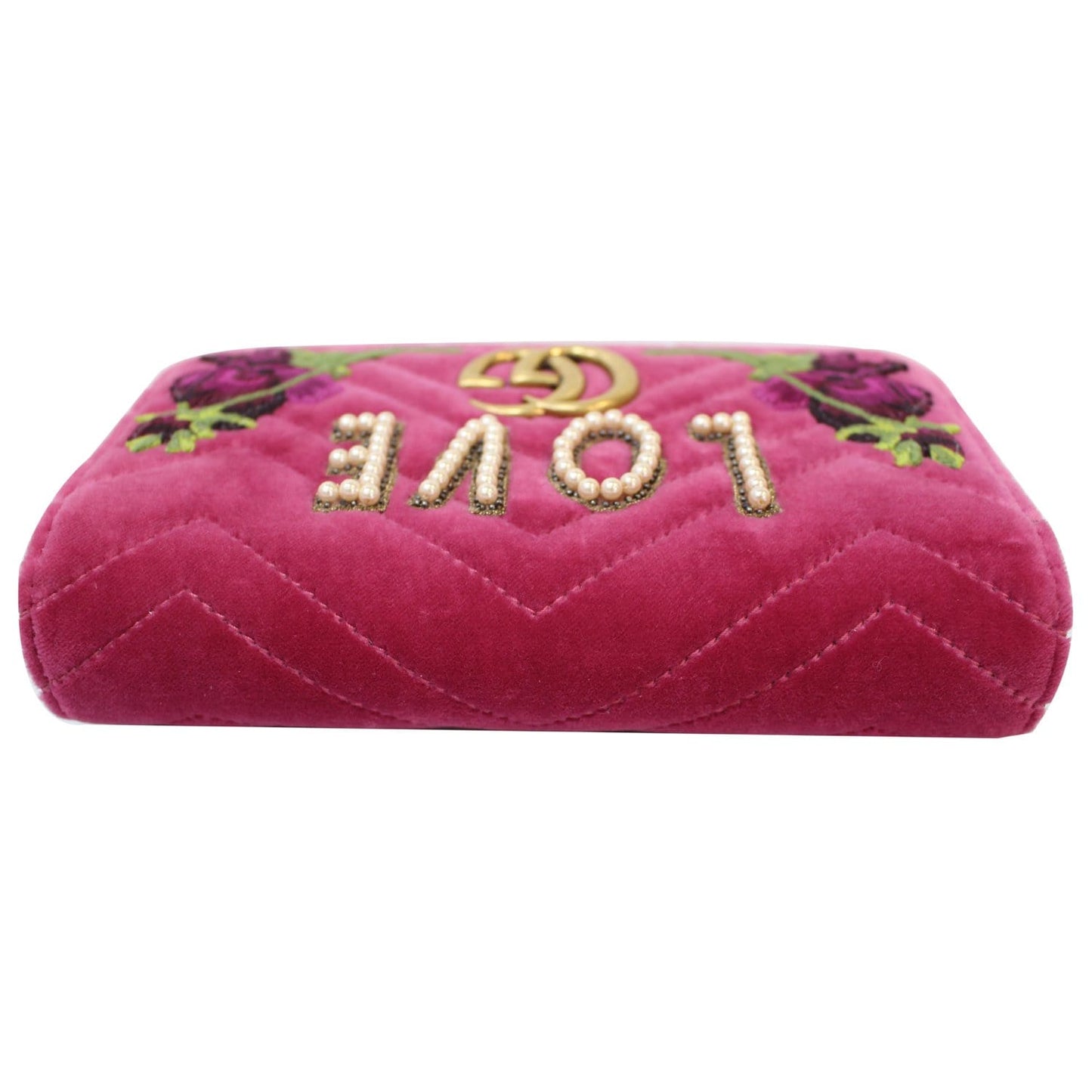 GUCCI Marmont Velvet Love Mini Pearl Embroidered Shoulder Bag Pink