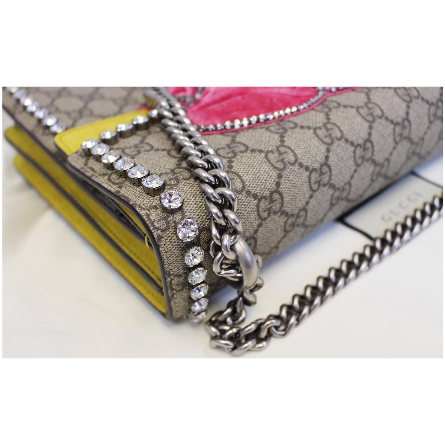 GUCCI Dionysus Medium GG Supreme Embroidered Crystal Bow Shoulder Bag Beige