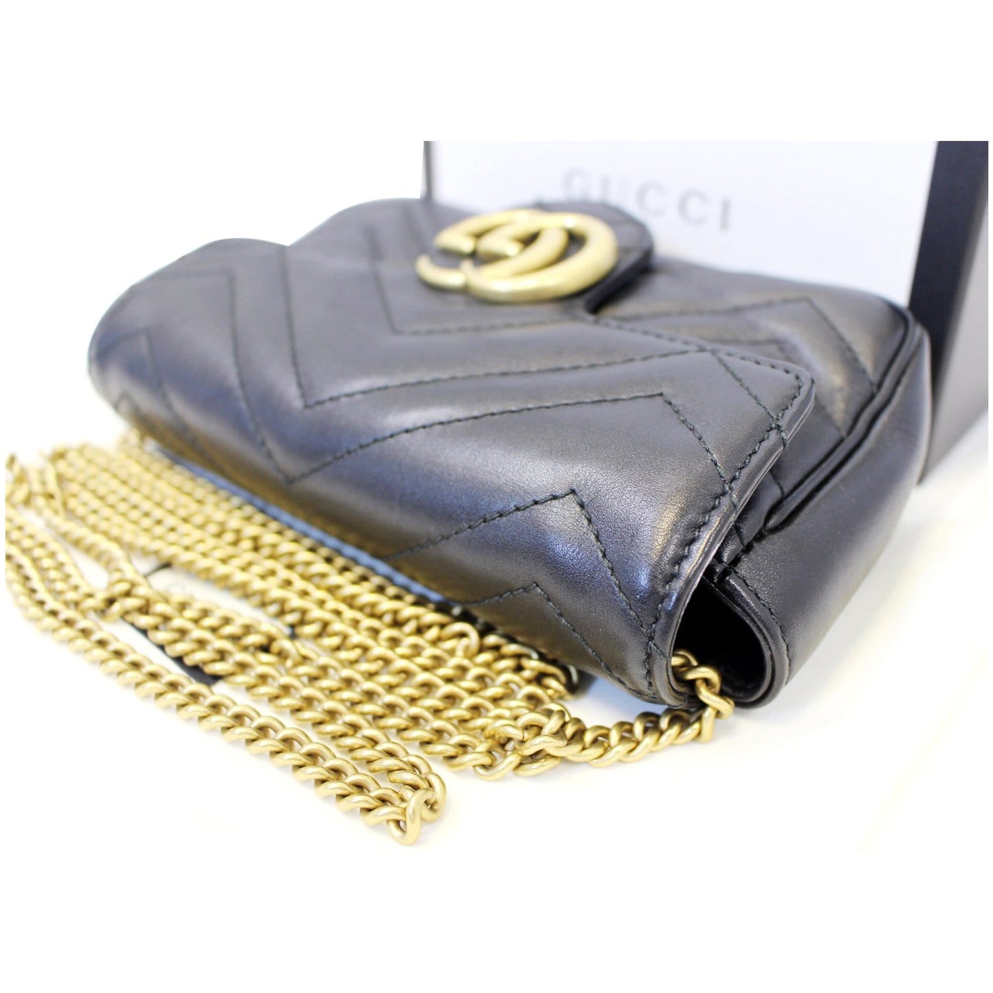 GUCCI GG Marmont Matelasse Black Leather Super Mini Crossbody Bag