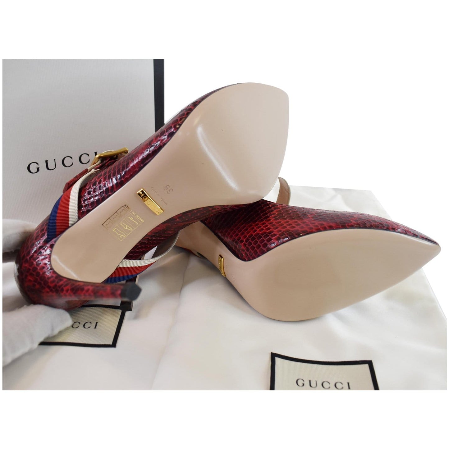 GUCCI Sylvie Python Leather Pumps Red Size 39 - Final Sale