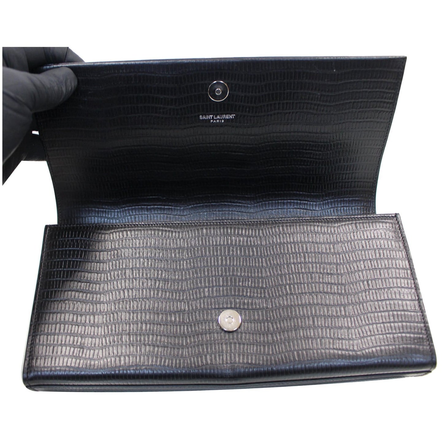 YVES SAINT LAURENT Classic Kate Monogram Tassel Embossed Leather Clutch Black
