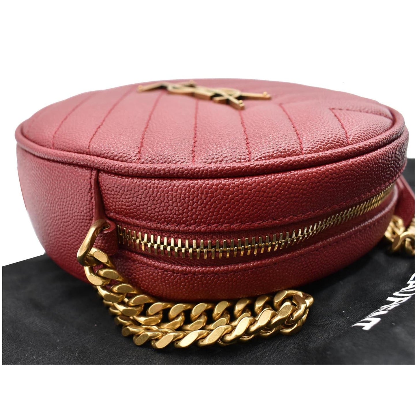 YVES SAINT LAURENT Vinyle Round Chevron Leather Camera Crossbody Bag Red
