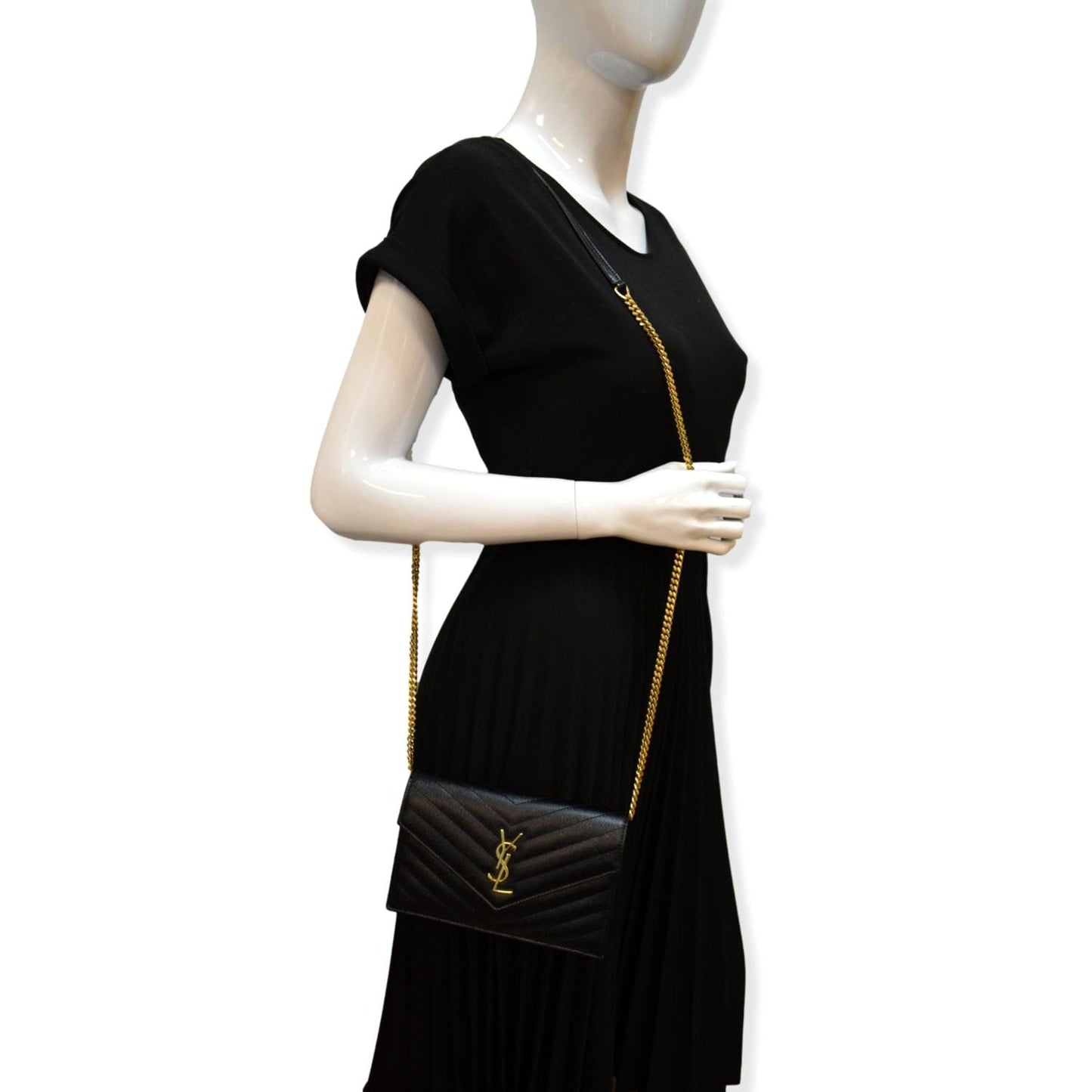 YVES SAINT LAURENT Envelope Monogram Leather Crossbody Chain Wallet Black