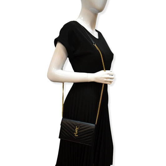 YVES SAINT LAURENT Envelope Monogram Leather Crossbody Chain Wallet Black