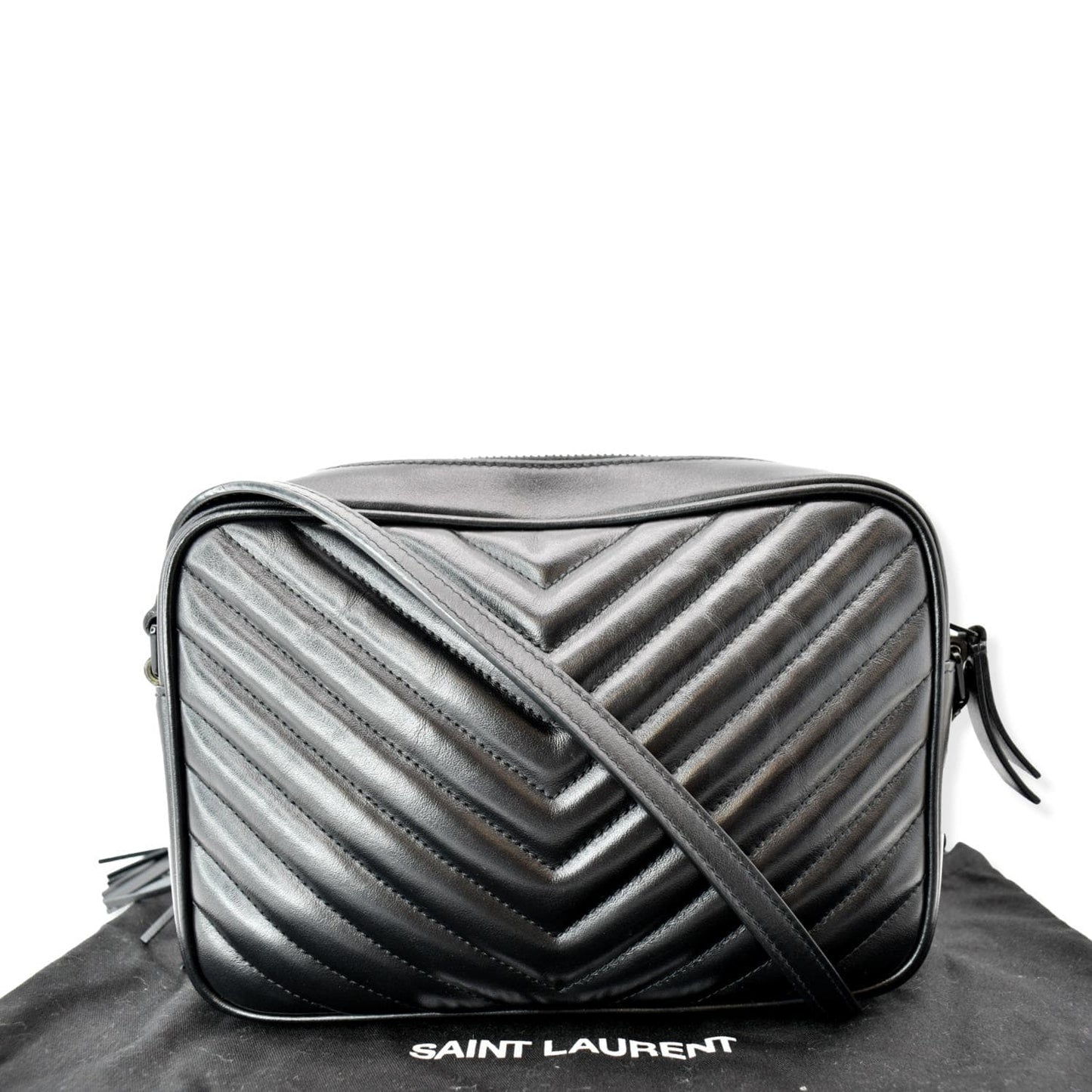 YVES SAINT LAURENT Lou Chevron Leather Camera Crossbody Bag Black