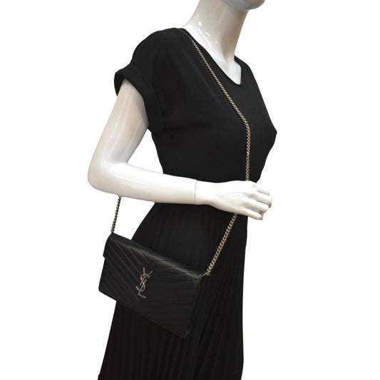 Yves Saint Laurent Embossed Leather Wallet on Chain Shoulder Bag Black