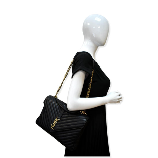YVES SAINT LAURENT College Large Flap Matelassé Leather Shoulder Bag Black