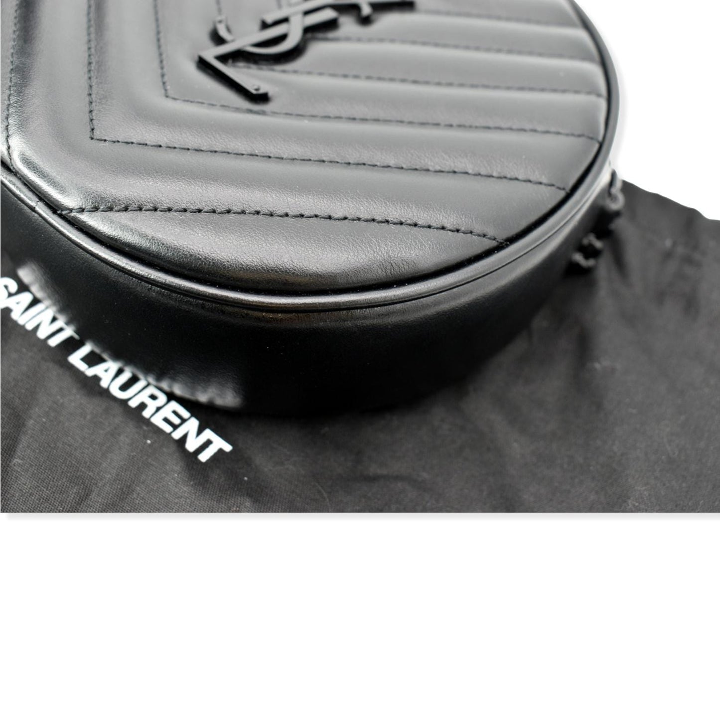 YVES SAINT LAURENT Vinyle Round Chevron Leather Camera Crossbody Bag Black