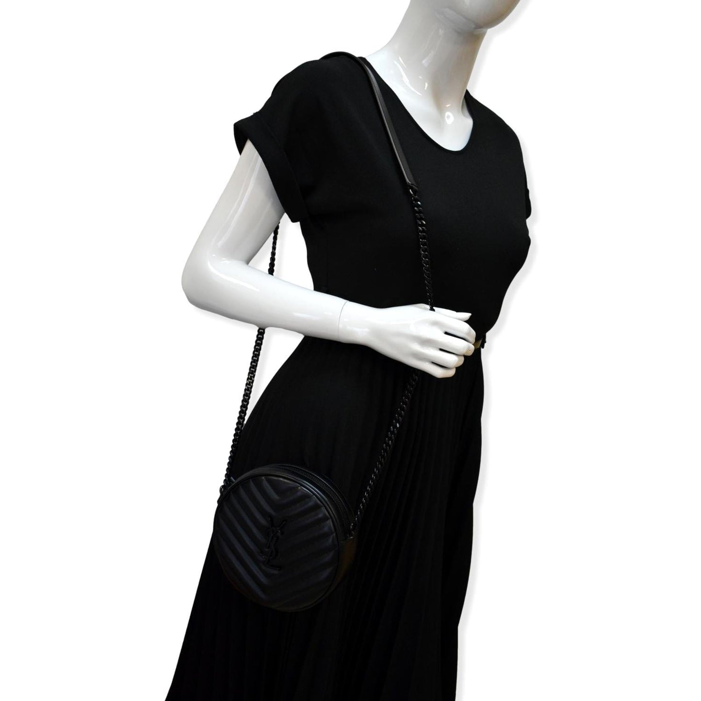 YVES SAINT LAURENT Vinyle Round Chevron Leather Camera Crossbody Bag Black