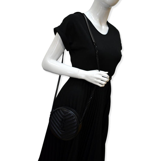 YVES SAINT LAURENT Vinyle Round Chevron Leather Camera Crossbody Bag Black